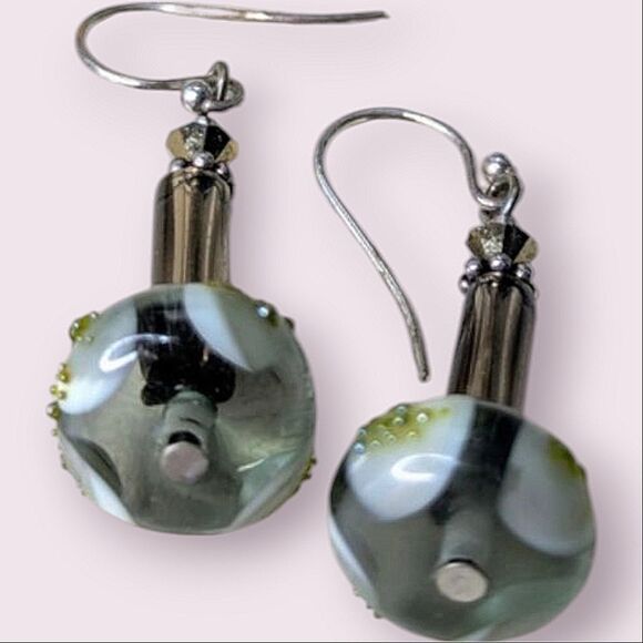 Elegant Grey and Green Glass Bead Handcrafted Dangle Earrings - Picture 1 of 8